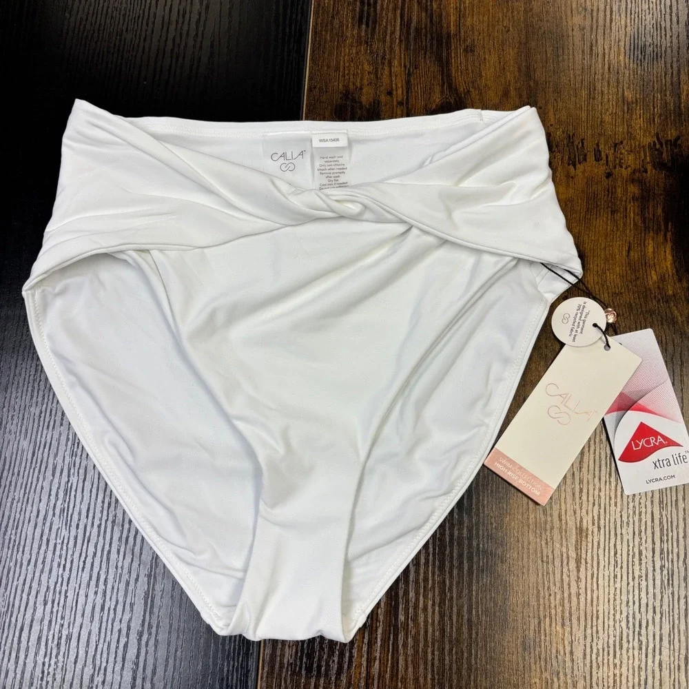 CALIA Women Pure White High Rise Twist‎ Front Bikini Bottom WSA15406 Small NWT